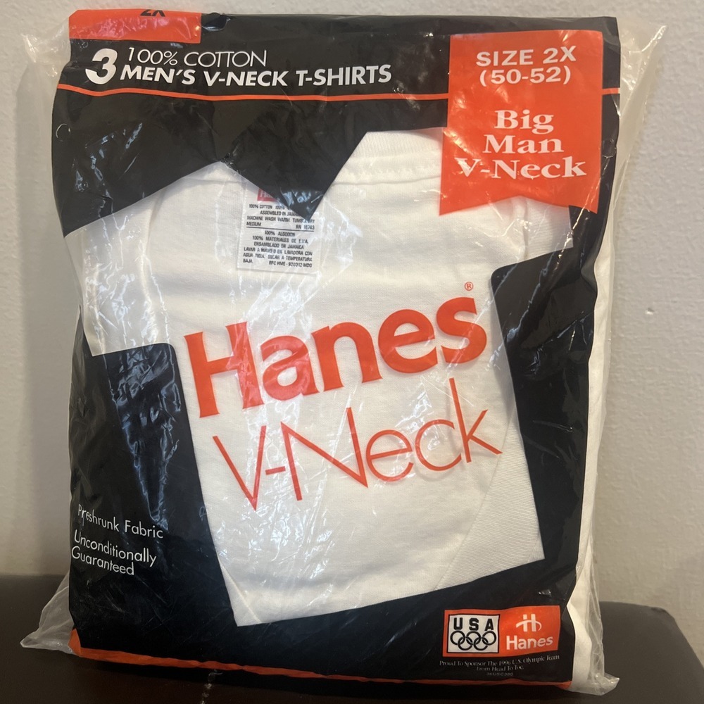 Vintage Men's Hanes V-Neck T Shirt 3 Pack New Big Man Size 2X (50-52) Preshrunk